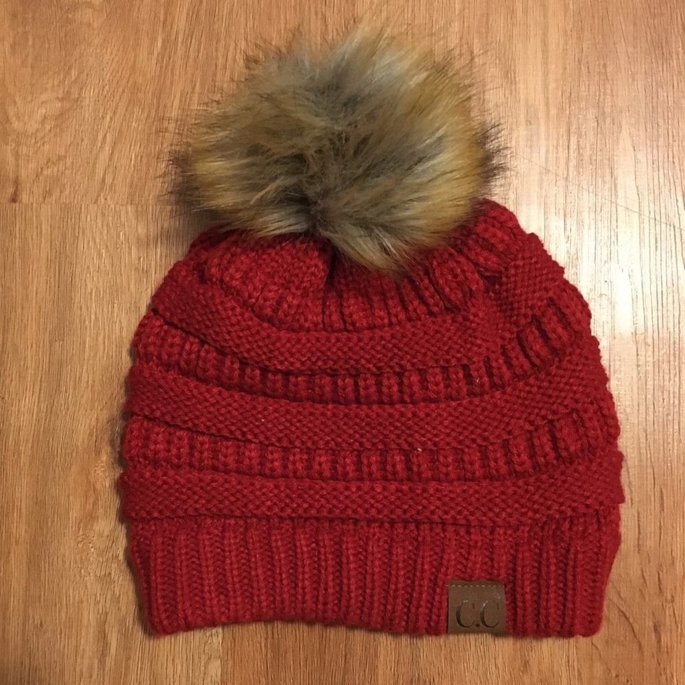 Red C.C Beanie with fur Pom